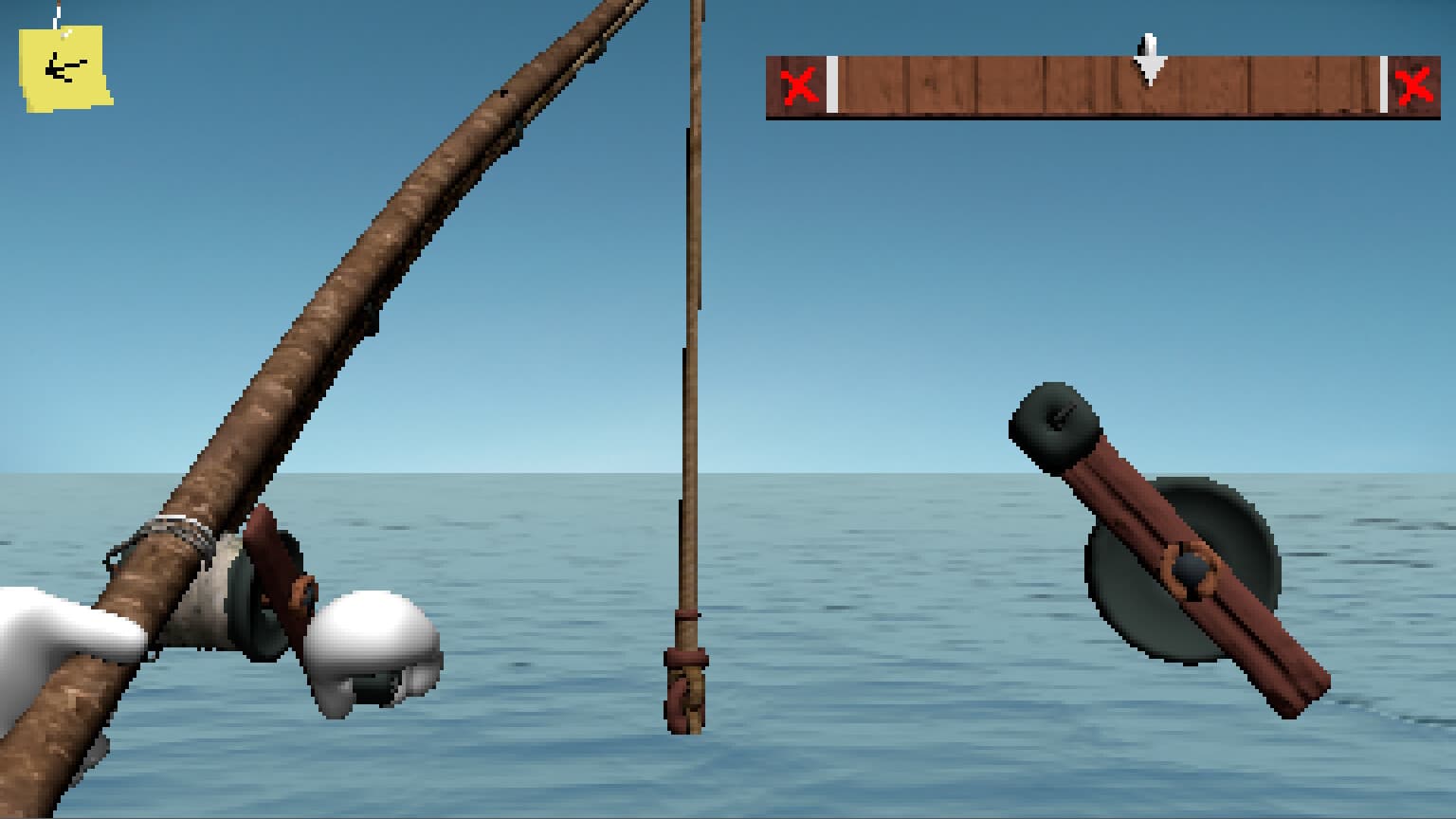 First-person fishing minigame over the sea in Endacopia