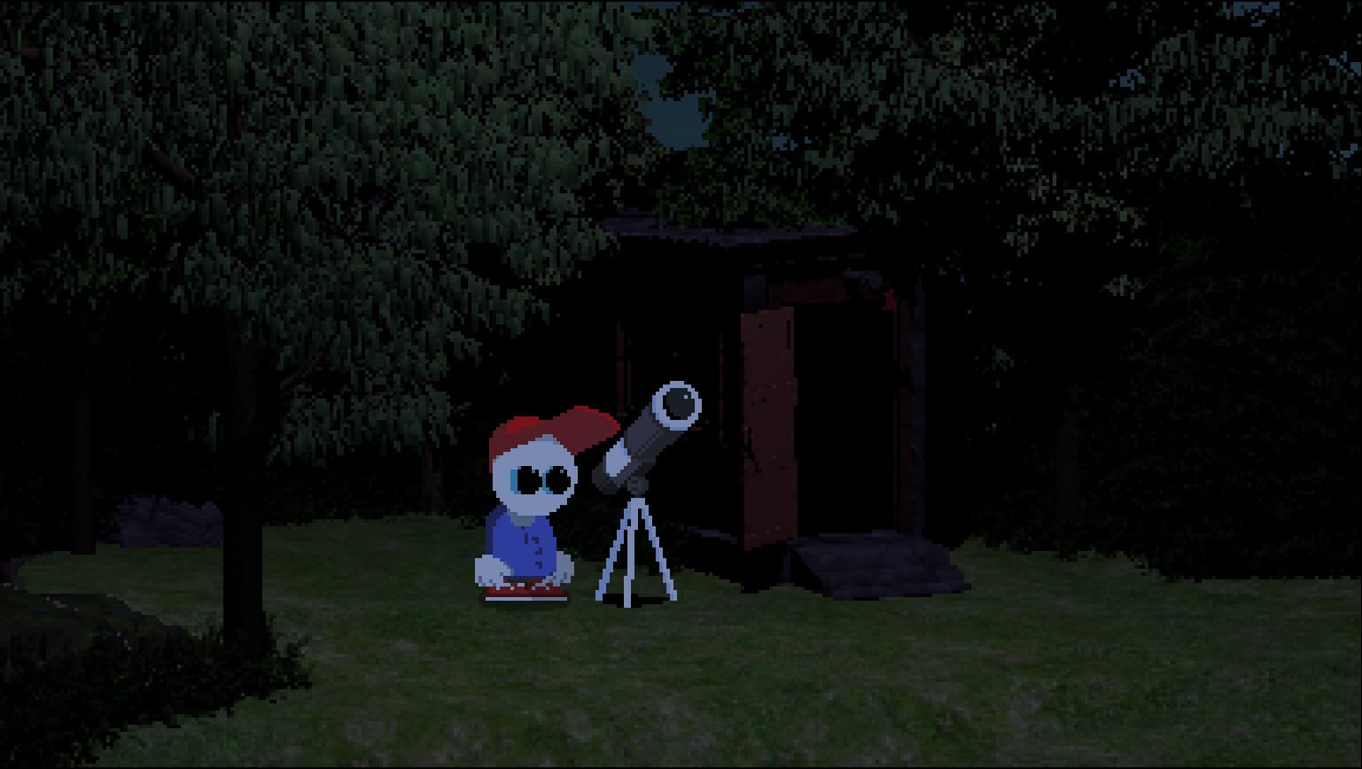 Mellow using a telescope beside a dark shed in Endacopia