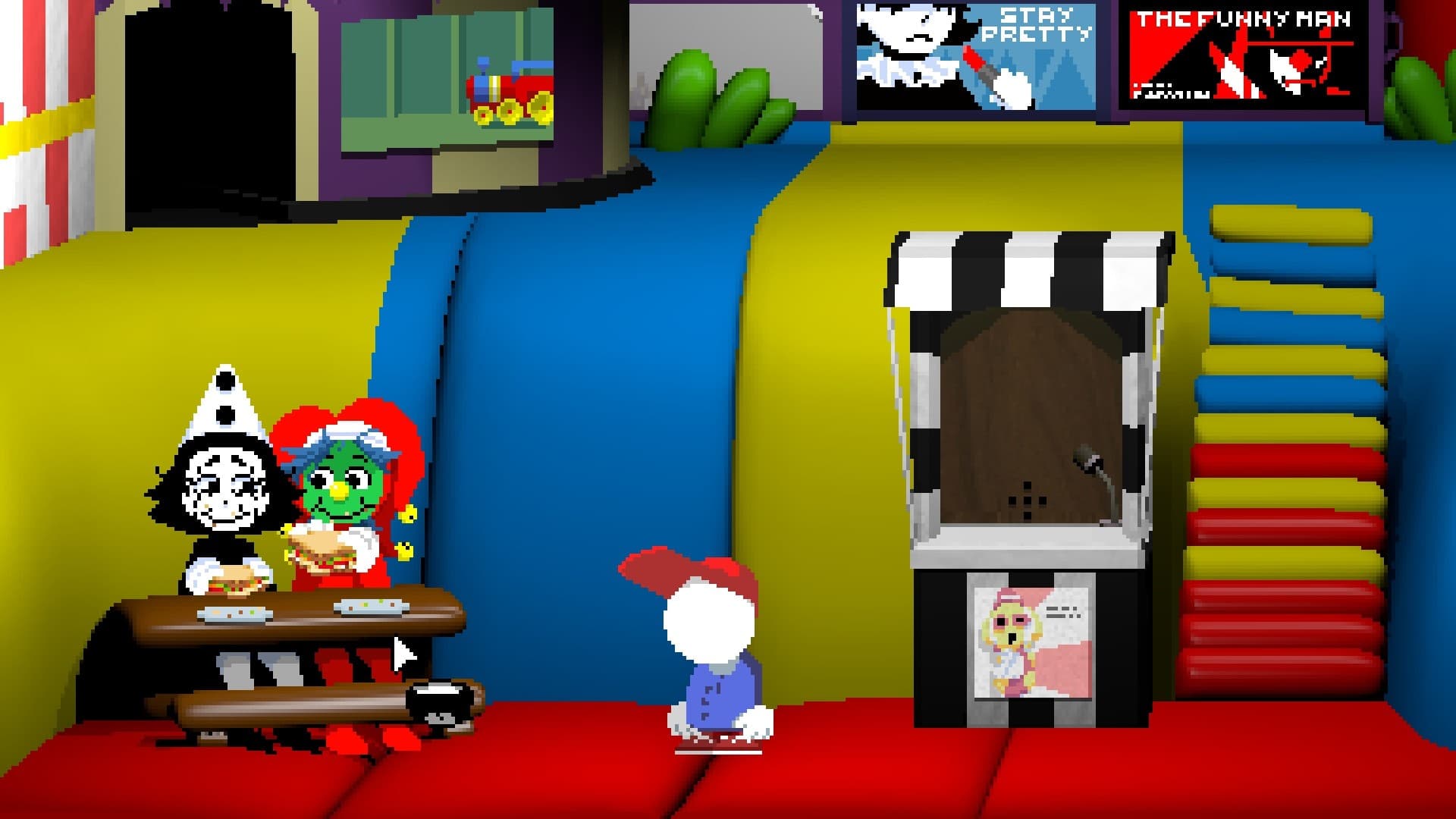 Mellow approaching the red clown machine in the carnival